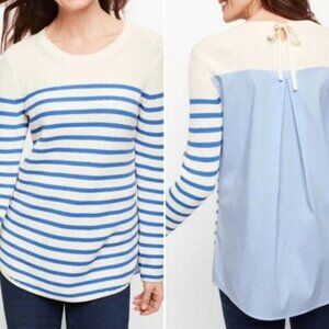 Talbots Ivory Blue Wave Stripe Knit Sweater with Cotton Shirt Back